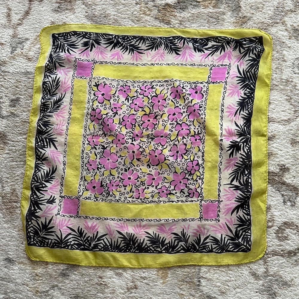 Vintage Floral Silk Scarf with Yellow and Pink Accents